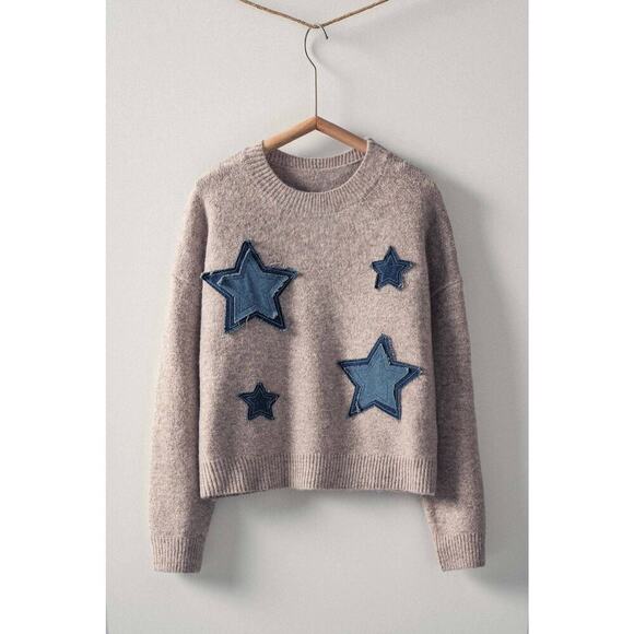 Urban Daizy Taupe Denim Star Patch Cropped Knit Sweater - Picture 1 of 2